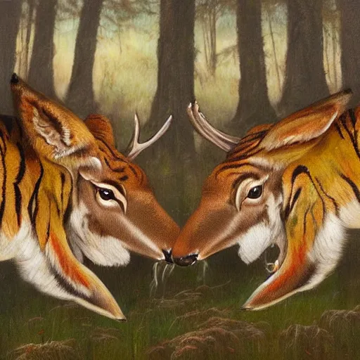 Image similar to a painting of deer in tiger skin and tiger in deer skin facing each other, their heads bowed towards ground by esao andrews