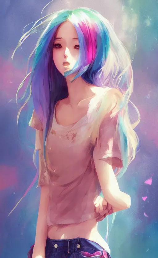 Image similar to a kawaii woman with rainbow hair, happy, summer time, soft eyes and narrow chin, dainty figure, long hair straight down, kawaii shirt and jeans, basic white background, In style of by Jordan Grimmer and greg rutkowski, crisp lines and color