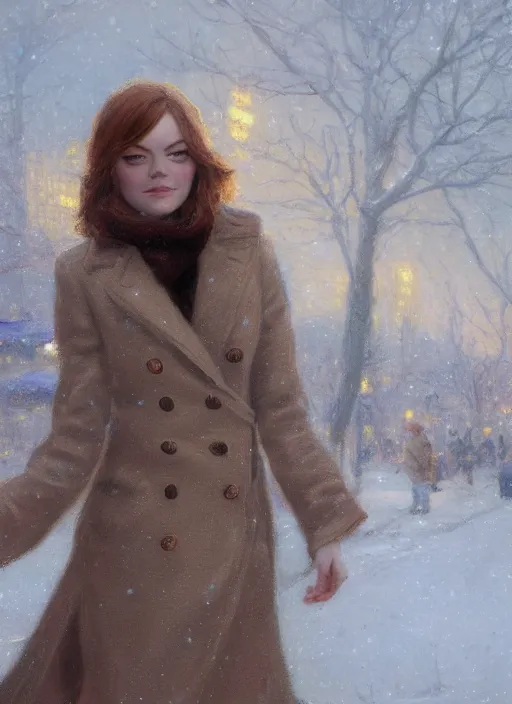 Prompt: emma stone in beige coat, close up face, winter new york, snow, artwork by gaston bussiere, craig mullins, trending on artstation