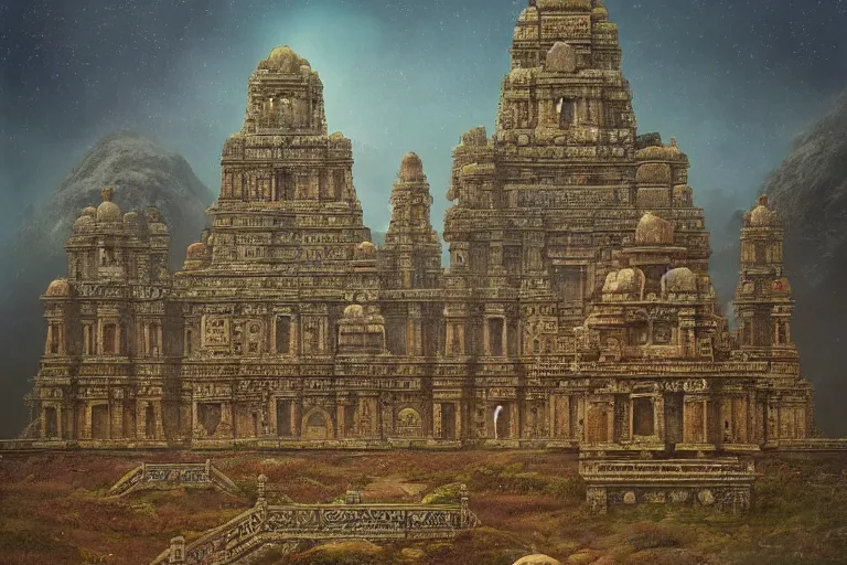 Prompt: photography of a beautiful archipelago of never seen before stunning ancient indian temple. intricate pilars patern, runes. flowers. inspiring science fiction, intricate, elegant, uplifting, inspirational, highly detailed by beksinski and simon stalenhag