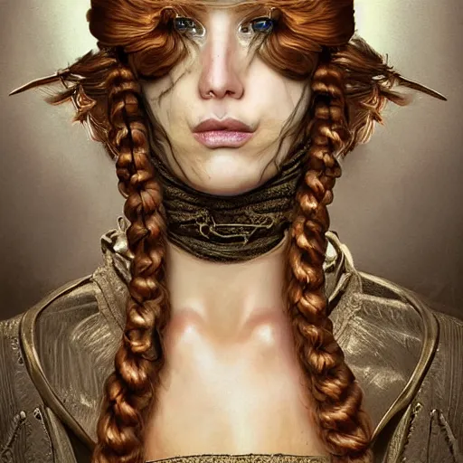 Image similar to portrait of a Shibari rope wrapped face and neck, headshot, insanely nice professional hair style, dramatic hair color, digital painting, of a old 15th century, roman soilder, amber jewels, baroque, ornate clothing, scifi, realistic, hyperdetailed, chiaroscuro, concept art, art by Franz Hals and Jon Foster and Ayami Kojima and Amano and Karol Bak,