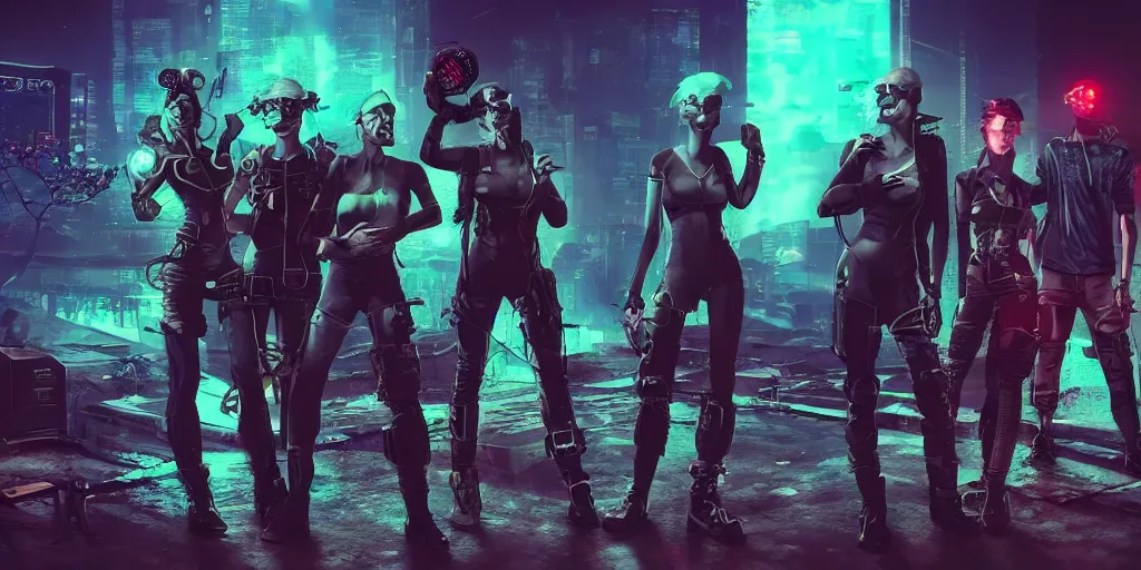 Image similar to cyberpunk cat gang posing, fallout 5, studio lighting, deep colors, apocalyptic setting, sneak peek into the future