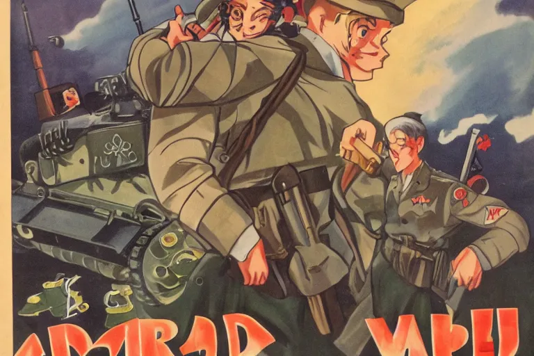Image similar to 1940s, war, anime, poster, smiling tanks