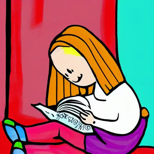 Image similar to a girl reading a book, digital art, children's book style, colourful, illustration