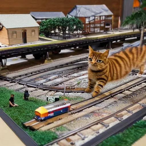 Prompt: a huge model railroad scene built on top of a ping pong table, it is being attacked by many cats,