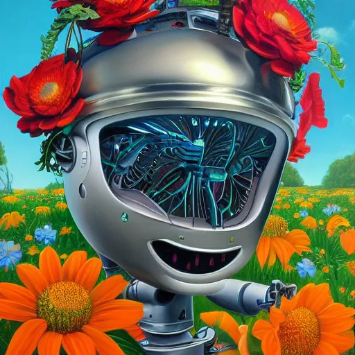 Prompt: a ultradetailed beautiful panting of a robot with flowers growing from the top, by alex gross, trending on artstation