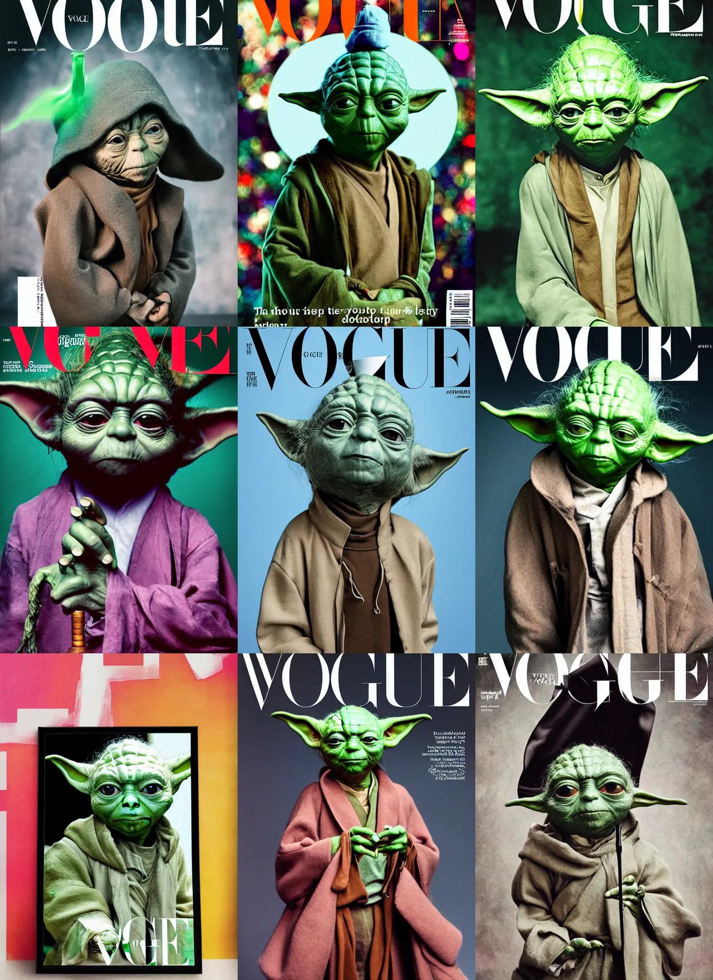 Prompt: a photograhpy of yoda with drip on a vogue cover