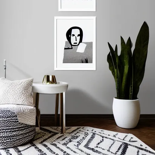 Prompt: centered minimalist clean spacious empty bright mockup photo of a large framed picasso on floor with thin light wooden frame moulding, white background wall, light boho carpet, white furniture, white minimalist lamps, white pillows, trending on etsy