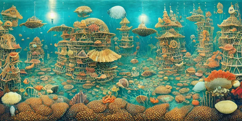 Image similar to underwater city inside!! the seashell, man in the swimming suit walks, seaweed, corals, carps, koi fish, small scandinavian!!! houses, little people!!!, by jacek yerka by levitan, surrealistic painting, masterpiece, oil painting, sharp focus, highly detailed, intricate, smooth, 8 k,