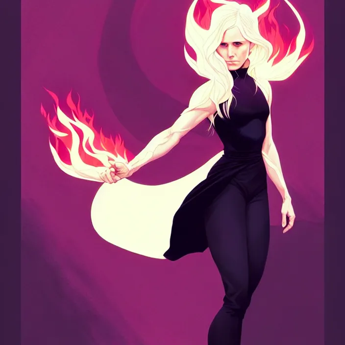 Image similar to style artgerm, joshua middleton, phil noto, beautiful kristen bell with black dress, very long white hair, symmetrical face, symmetrical eyes, purple fire powers fire swirling, detailed, forest setting, cinematic lighting