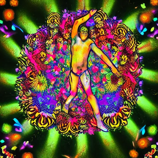 Image similar to god of psychedelics dancing in a vortex made of flowers