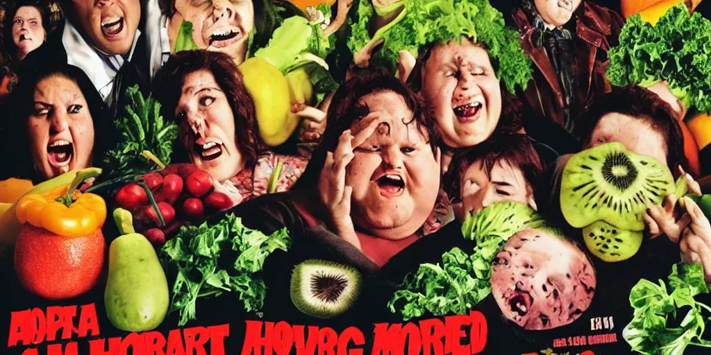 Image similar to a horror movie poster featuring huge fat people eating fruits and vegetables