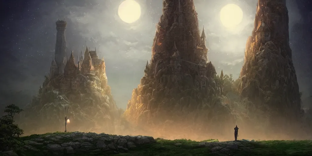 Image similar to a glowing wizard approaches a towering castle on a moonlit night, close up portrait, dark fantasy, Greg Rutkowski and Studio Ghibli and Ivan Shishkin