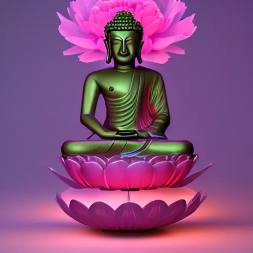 Prompt: glowing buddha sitting on the peony, high quality 3 d rendering