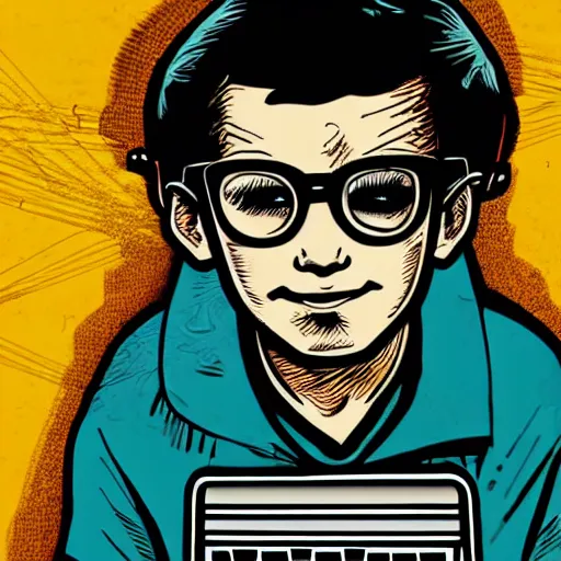 Image similar to illustration of a boy connected to his laptop with wires, highly detailed, by butcher billy