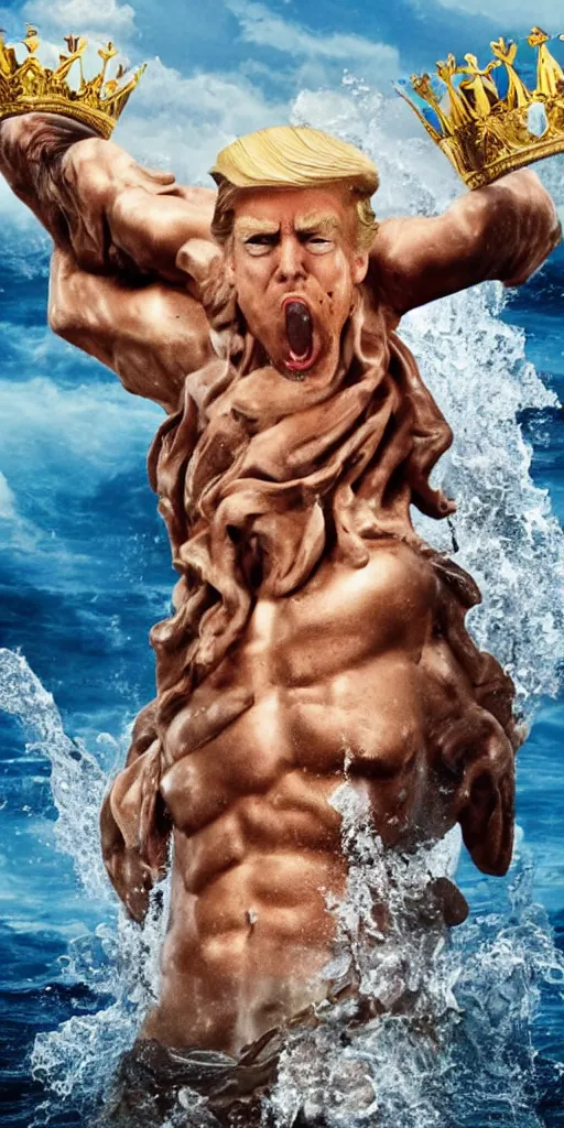 Image similar to donald trump as poseidon, king of the ocean, movie poster