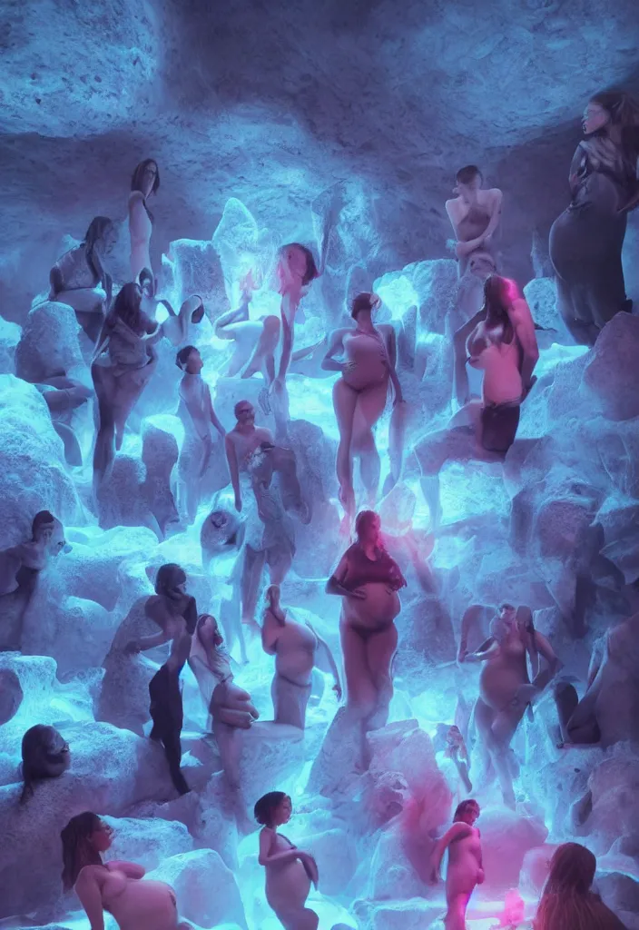 Image similar to epic pregnant woman talking to all her tribe with fluorescence bodies, proud people gather around the pregnant woman, ice cave, facinating, fantasy digital art, octane render, beautiful coherent composition, trending on artstation, matte painting, masterpiece