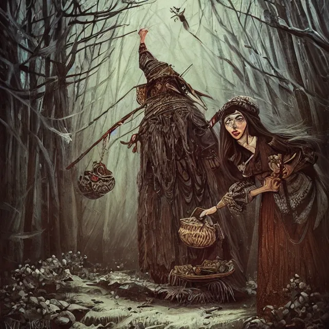 Image similar to баба яга, baba yaga, slavic folk fairytale, story, fable, dramatic, fantasy art, an ultrafine detailed painting, colorized, elegant, sharp focus, artstation, by pavel korin, viktor vasnetsov