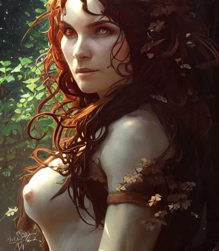 Image similar to Attractive Dryad, armored, dungeons and dragons portrait, highly detailed, digital painting, artstation, concept art, sharp focus, illustration, art by artgerm and greg rutkowski and alphonse mucha