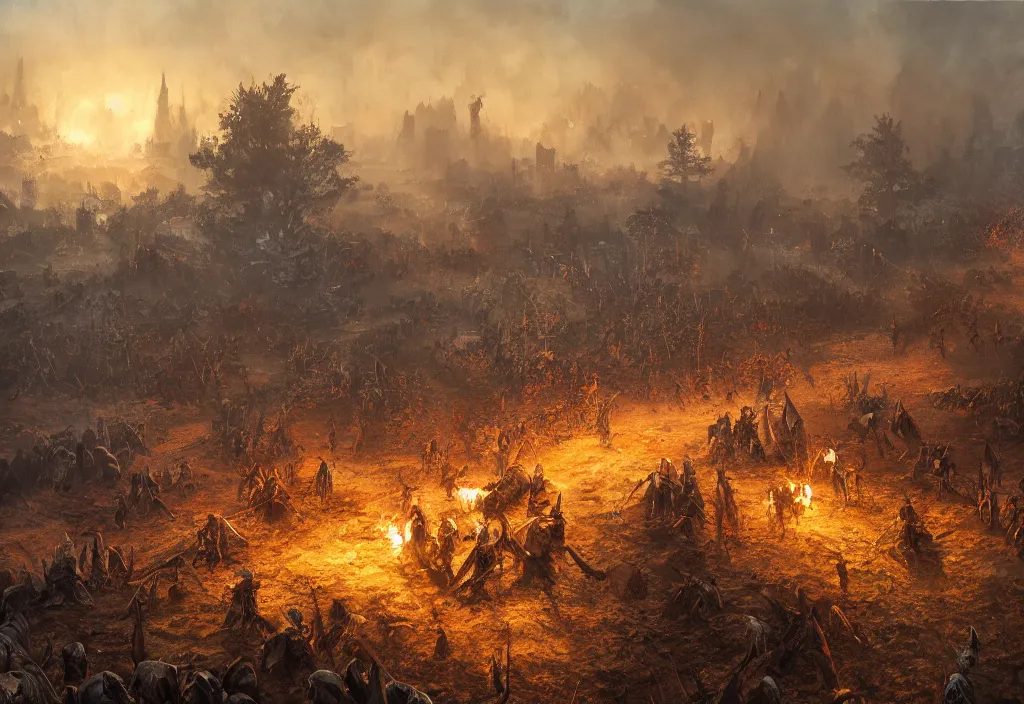 Image similar to painting of the battleground, the corpses of knights lie, a small fire blazes in the distance, epic artwork, atmospheric light, muted tones, by Evgeny Botvinnik