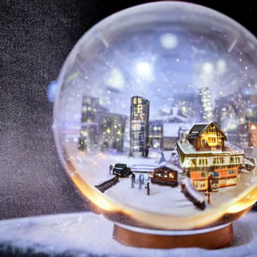 Prompt: robots living in a microcity inside a snow globe, hyperrealistic, hyper detail, close up photograph