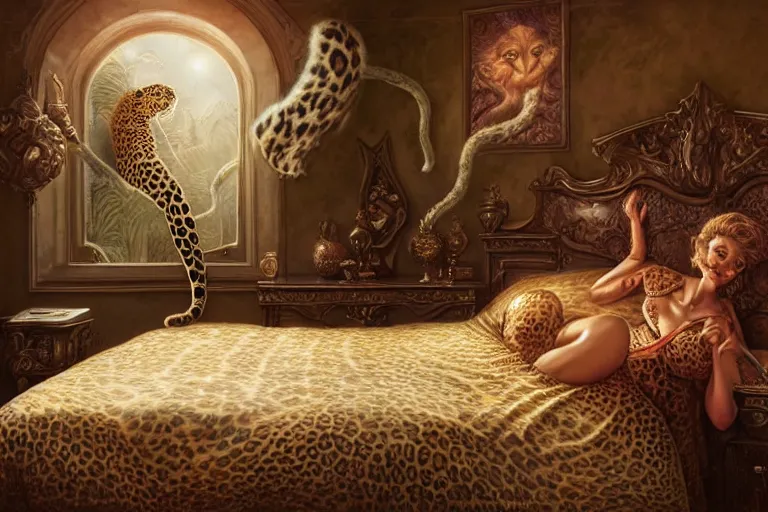 Image similar to detailed leopard print bed in the vaporwave bedroom. highly detailed, digital painting, artstation, concept art, smooth, sharp focus, illustration, artgerm, tomasz alen kopera, peter mohrbacher, donato giancola, joseph christian leyendecker, wlop, boris vallejo