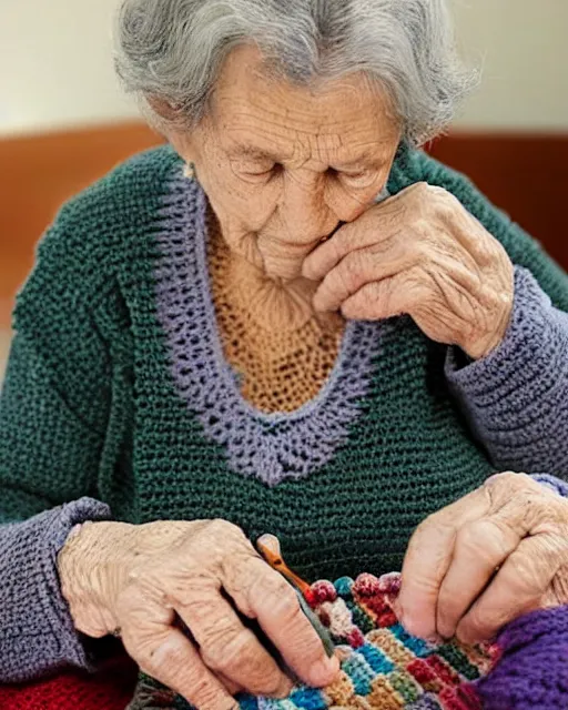 Image similar to a beautiful photograph of an elderly woman’s hands crocheting an Afghan, her hands are highly realistic and accurate.