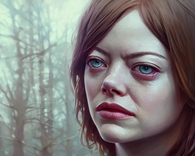 Image similar to highly detailed portrait of emma stone, in the walking dead, stephen bliss, unreal engine, fantasy art by greg rutkowski, loish, rhads, ferdinand knab, makoto shinkai and lois van baarle, ilya kuvshinov, rossdraws, tom bagshaw, global illumination, radiant light, detailed and intricate environment