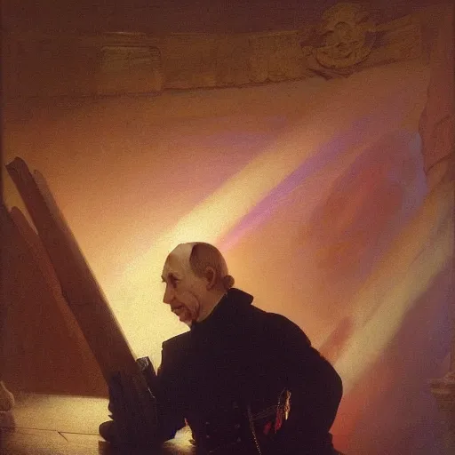 Prompt: putin is a sith lord, by ivan aivazovsky and syd mead and moebius and gaston bussiere and roger dean and pieter claesz and paul delaroche and alma tadema and gerard ter borch, hyperrealistic, volumetric light, octane render