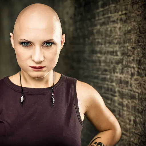 Prompt: professional photo of an beautiful skinhead woman, high definition, 8k