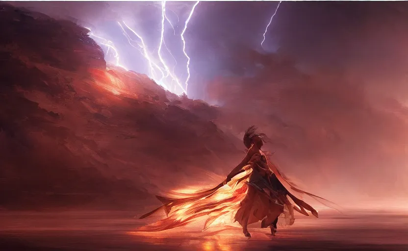 Prompt: The revenge of the lightning goddess, elegant, volumetric lighting, digital painting, highly detailed, artstation, sharp focus, illustration, concept art, ruan jia, steve mccurry