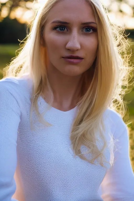 Prompt: 2 4 year old professional blonde female wearing white blouse, portrait, neck zoomed in, photo realistic, slr, golden hour, 4 k, high definition, selfie