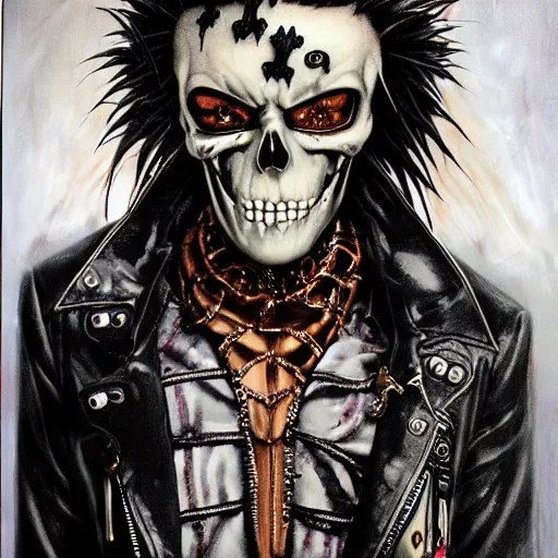 Prompt: a portrait of the grim reaper as a punk rocker playing an electric guitar, punk, skeleton face, mohawk, dark, fantasy, leather jackets, spiked collarsand wristbands, piercings, boots, ultrafine detailed oil on canvas painting by frank frazetta and vito acconci and and takeshi obata, death note style, symetric body, sharp focus