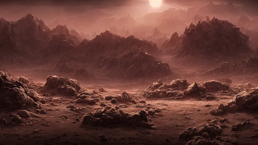 Image similar to a sinister desert planet, desert landscape, ward after the battle, corpses, pain, despair, dramatic lighting, cinematic, extremly high detail, photorealistic, cinematic lighting, post processed, concept art, artstation, matte painting, style by greg rutkowsky, perfect readability