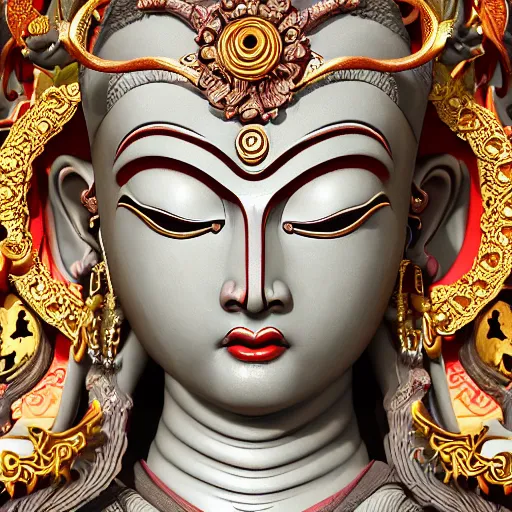 Image similar to naraka buddhist demon korean female, highly detailed, symmetrical long head, smooth marble surfaces, detailed ink illustration, raiden metal gear, cinematic smooth stone, deep aesthetic, concept art, post process, 4 k, carved marble texture and silk cloth, latex skin, highly ornate intricate details, in the style of 8 8 grzes