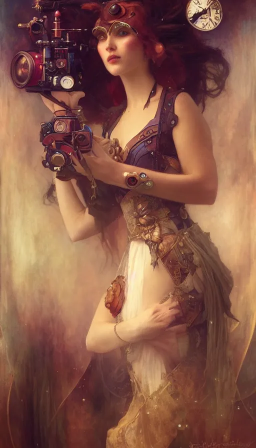 Image similar to hyper realistic photographer looking through camera, magical, steampunk, painted by tom bagshaw, mucha, gaston bussiere, craig mullins, j. c. leyendecker 8 k