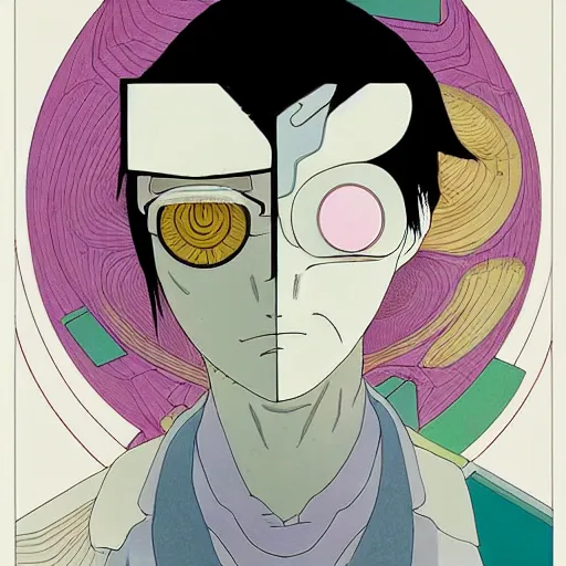 Image similar to prompt: Fragile looking flat colors portrait face drawn by Katsuhiro Otomo and Masashi Kishimoto, inspired by Ghost in Shell anime and superflat color, magical and alchemical objects on the side, soft light, monochrome background, intricate detail, intricate ink painting detail, sharp high detail, manga and anime 2000