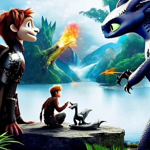 Image similar to a silver dragon and a boy sitting together next to a lake watching firefly, night, forest, how to train your dragon 3