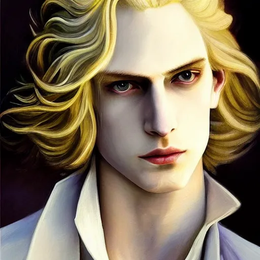 Image similar to Beautiful painting of the pale blond androgynous prince in a sensual pose, johan liebert mixed with alucard, long curly golden blond hair, baroque curls, very very pale white skin, atmospheric lighting, painted, intricate, volumetric lighting, beautiful, rich deep colours masterpiece, golden hour, sharp focus, ultra detailed, in the style of Dan Mumford and Johfra Bosschart, with a crowded futuristic cyberpunk city in the background, astrophotgraphy