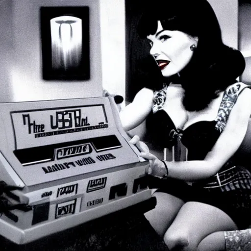 Prompt: a still of Bettie Page playing with a NES controller, in the movie Back to the Future, highly detailed and intricate, cinematic lighting, 4k HDR