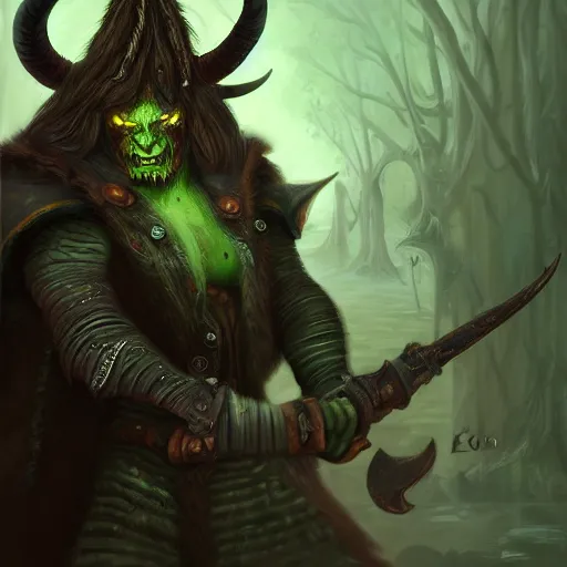 Prompt: a digital painting of a man with horns and green eyes, grim dark satyr wizard from d & d, a character portrait by zoe mozert, deviantart contest winner, fantasy art, detailed painting, d & d,, young bard with music magic character design from world of warcraft, 4 k, ultra detail, volumetric lighting, unreal engine, octane render