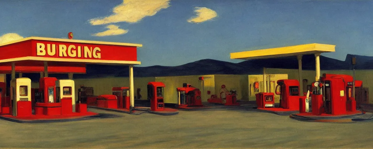 Image similar to burning gas station by edward hopper