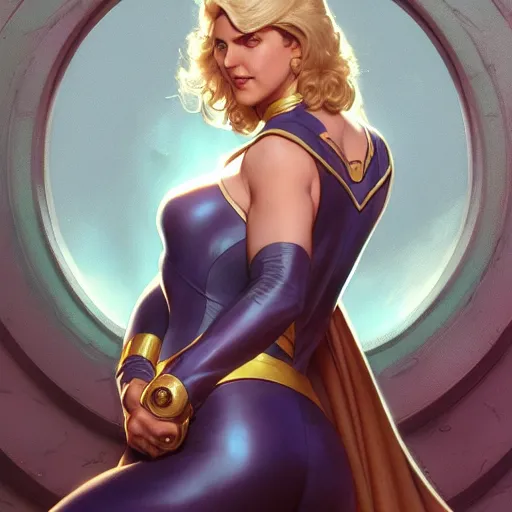 Image similar to Linda Carter as Power Girl, western, D&D, fantasy, intricate, elegant, highly detailed, digital painting, artstation, concept art, matte, sharp focus, illustration, art by Artgerm and Greg Rutkowski and Alphonse Mucha