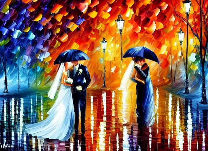 Image similar to A romantic wedding in the rain, painting by Leonid Afremov