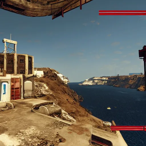 Image similar to Santorini, Greece in ruins post-nuclear war in Fallout 4, in game screenshot