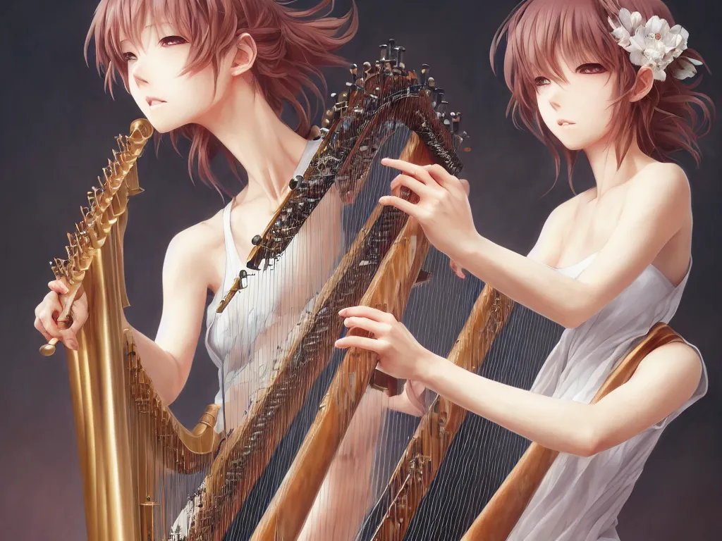Prompt: anime girl playing highly detailed harp instrument by hyeyoung kim, stanley artgerm lau, wlop, rossdraws, james jean, andrei riabovitchev, marc simonetti, and sakimichan, full body portrait, intricate, face, elegant, beautiful, dramatic lighting, sharp focus, artstation