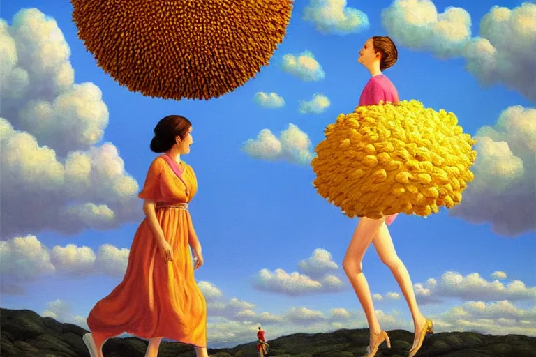 Image similar to giant daisy flower head, woman walking, surreal, clouds in sky, impressionist painting, digital painting, artstation, rob gonsalves