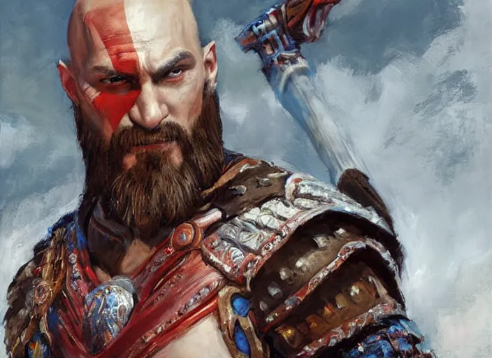 Prompt: a highly detailed beautiful portrait of vladimir putin as kratos, by gregory manchess, james gurney, james jean