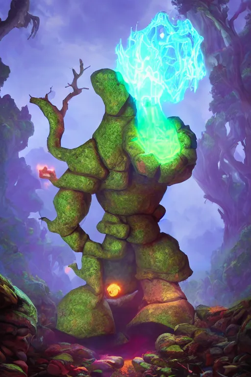 Image similar to arcane fantasy art giant golem elemental wood rock bastion forged gemstone enchanted forest troll, global illumination ray tracing hdr fanart arstation by sung choi and eric pfeiffer and gabriel garza and casper konefal lisa frank zbrush central hardmesh radiating a glowing aura