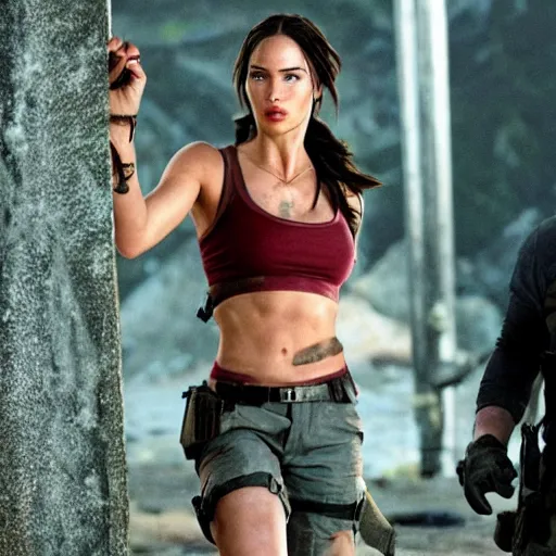 Prompt: Lara croft as Megan fox movie still